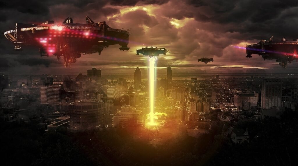 Alien invasion, UFOs destroying cities.
